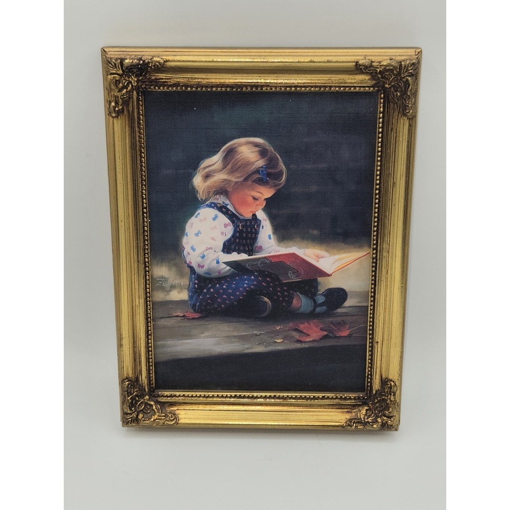 Donald Zolan Quiet Time Framed Print Child Reading Vintage Wall Art 8.25"